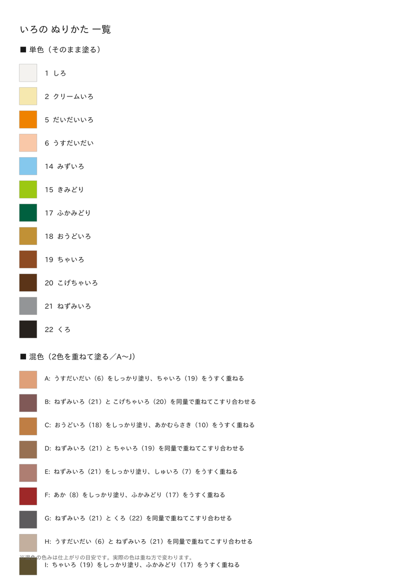 番号と色・混ぜ方の対応表（PDF 3ページ目）